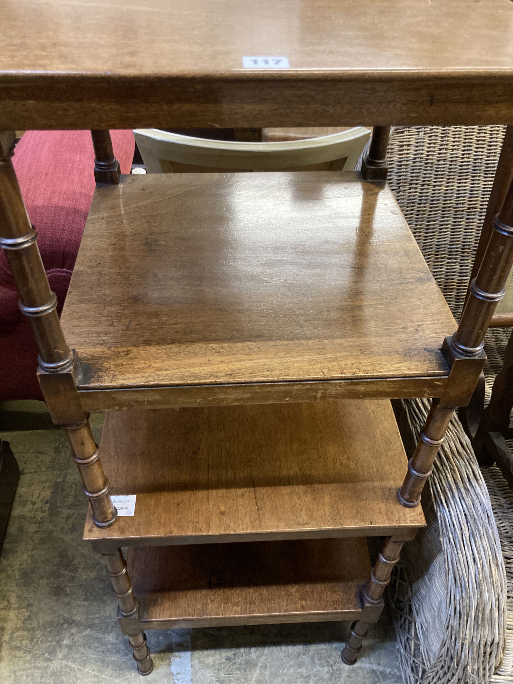 A pair of Regency style mahogany two tier occasional tables, width 47cm, depth 47cm, height 59cm